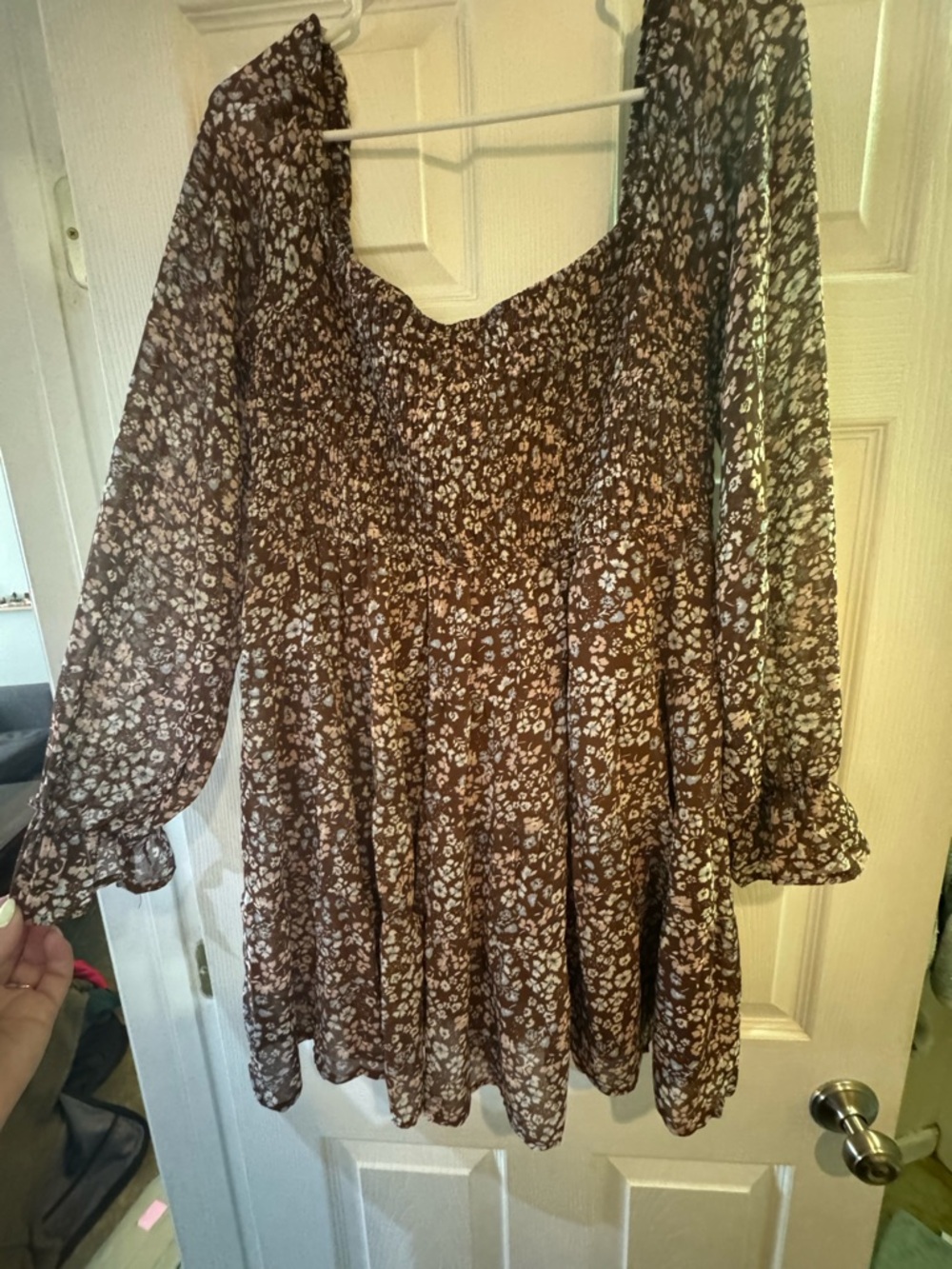 Women's Brown Floral Long-Sleeve Peasant Top